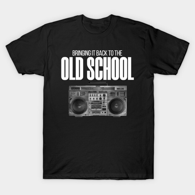 Black t-shirt with "Old School" text and boombox graphic, perfect for retro style enthusiasts. Cotton material.