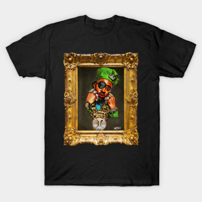 Black t-shirt featuring a stylish artwork with a gold frame, vibrant colors, and a bold design for casual wear.