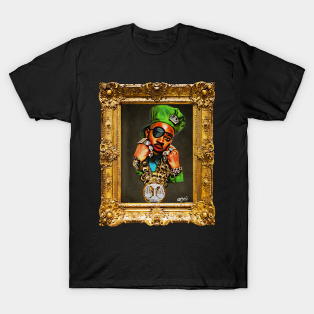 Black t-shirt featuring a stylish artwork with a gold frame, vibrant colors, and a bold design for casual wear.