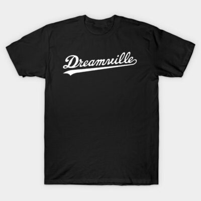 Black "Dreamville" T-shirt, casual style, short sleeve, cotton material, white script logo, unisex design.