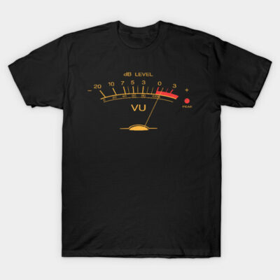 Black t-shirt with vintage VU meter design in yellow and red, perfect for music enthusiasts, made from soft cotton.