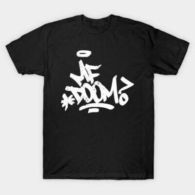 Black t-shirt with bold white graffiti-style print, casual streetwear, 100% cotton, unisex design for everyday use.