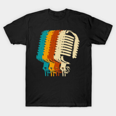 Black t-shirt with vintage-style multicolored microphone graphic, perfect for music lovers. 100% cotton, unisex fit.