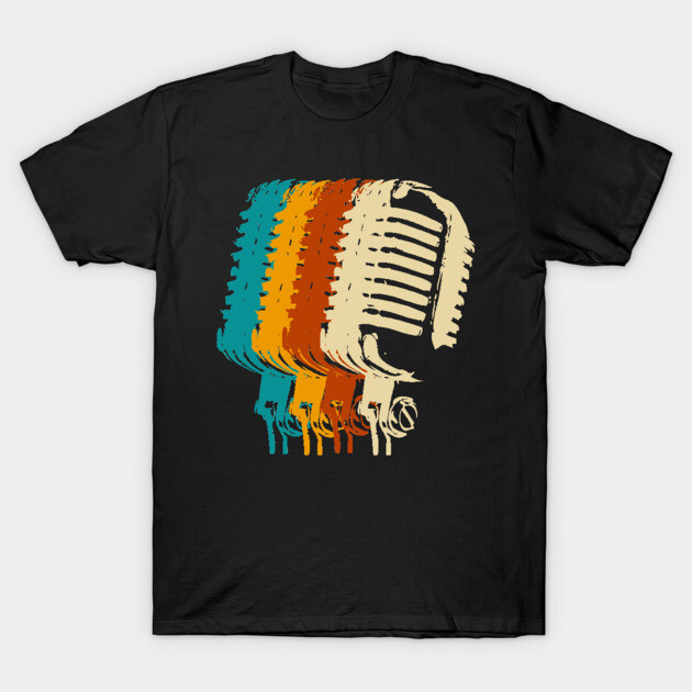 Black t-shirt with vintage-style multicolored microphone graphic, perfect for music lovers. 100% cotton, unisex fit.