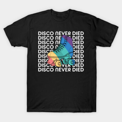 Black t-shirt featuring colorful rainbow roller skate and "Disco Never Died" text, perfect for retro style lovers.