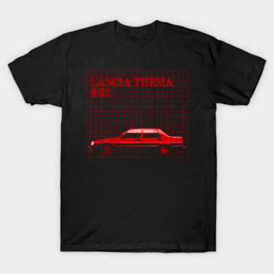 Black t-shirt featuring red Lancia Thema 8.32 graphic design, casual style, cotton material.
