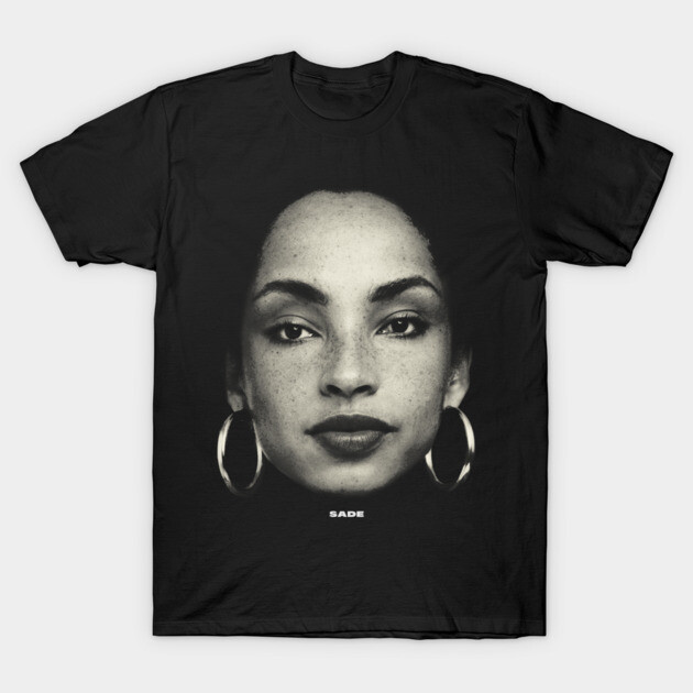 Black graphic t-shirt with bold portrait design, featuring large hoop earrings and minimalist text. Cotton material.