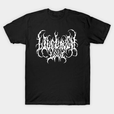 Black t-shirt with white gothic design, casual streetwear style, 100% cotton, perfect for everyday wear.