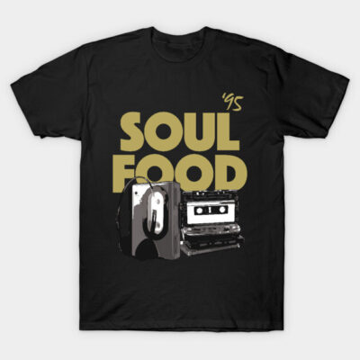 Black t-shirt with "Soul Food '95" design, featuring retro cassette tape graphic. Casual, cotton material.