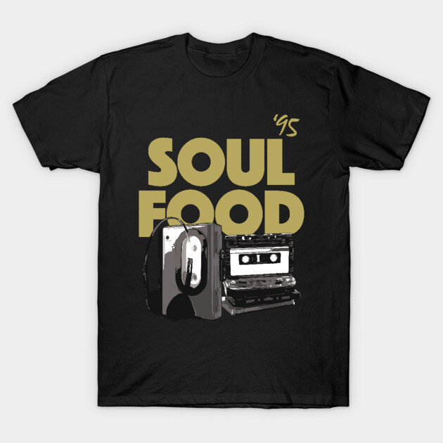 Black t-shirt with "Soul Food '95" design, featuring retro cassette tape graphic. Casual, cotton material.
