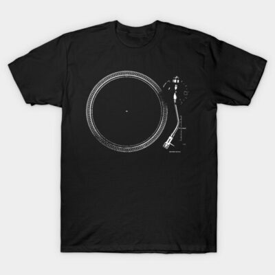 Black cotton t-shirt featuring white vinyl record player design, casual wear, unisex style.