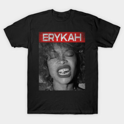 Black unisex t-shirt with bold graphic design, featuring "ERYKAH" text and artistic portrait. Casual and stylish wear.