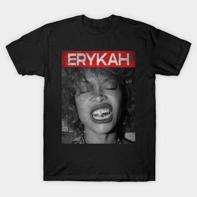 Black unisex t-shirt with bold graphic design, featuring "ERYKAH" text and artistic portrait. Casual and stylish wear.