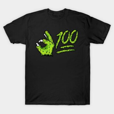Black t-shirt with green zombie hand and "100" graphic design, unisex style, casual wear, 100% cotton material.