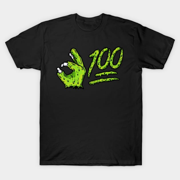 Black t-shirt with green zombie hand and "100" graphic design, unisex style, casual wear, 100% cotton material.