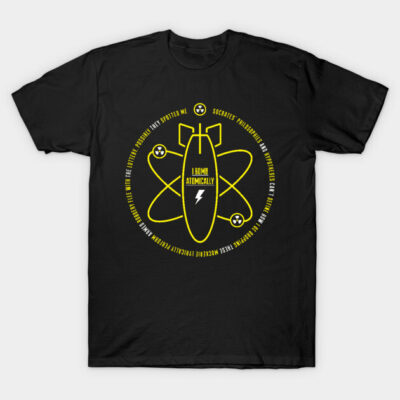 Black graphic tee with yellow atomic bomb design and text, casual style, 100% cotton, suitable for everyday wear.