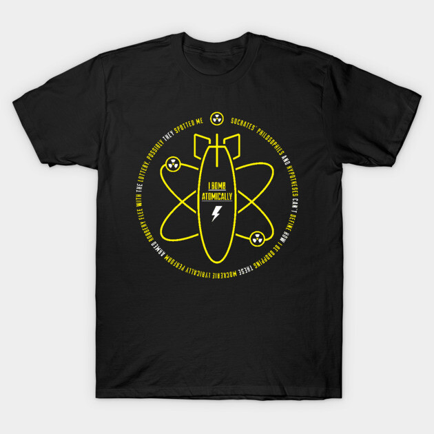 Black graphic tee with yellow atomic bomb design and text, casual style, 100% cotton, suitable for everyday wear.