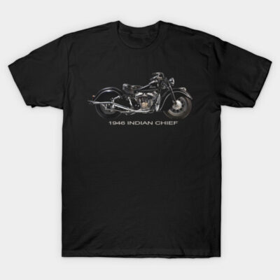 Black t-shirt featuring vintage 1946 motorcycle graphic, casual style, soft cotton material, suitable for everyday wear.