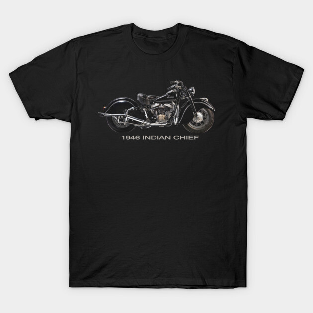 Black t-shirt featuring vintage 1946 motorcycle graphic, casual style, soft cotton material, suitable for everyday wear.