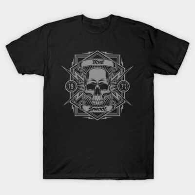 Black t-shirt with skull and geometric design, "True School" text, casual wear, 100% cotton, graphic tee.