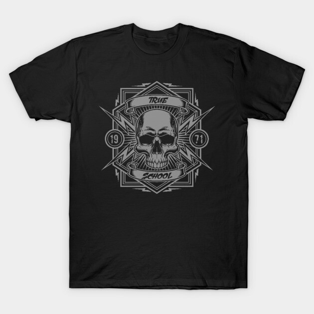 Black t-shirt with skull and geometric design, "True School" text, casual wear, 100% cotton, graphic tee.