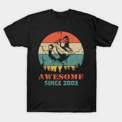 Black T-shirt with vintage bear graphic and "Awesome Since 2003" text, casual wear, cotton material.