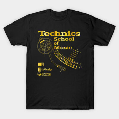 Black t-shirt with "Technics School of Music" design in yellow, featuring turntable graphic, perfect for music enthusiasts.