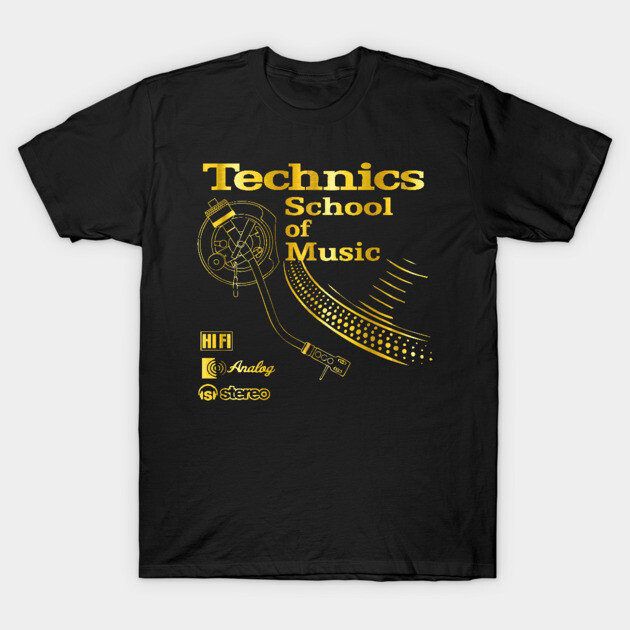 Black t-shirt with "Technics School of Music" design in yellow, featuring turntable graphic, perfect for music enthusiasts.
