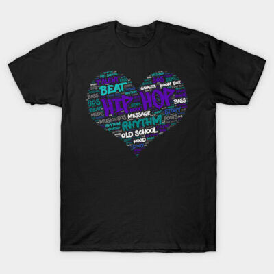 Black T-shirt featuring colorful word cloud in heart shape with hip-hop theme, perfect for casual wear.