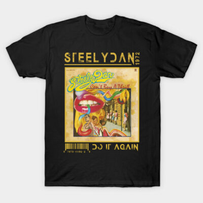Black Steely Dan 1972 T-shirt featuring "Can't Buy a Thrill" album cover, vintage rock style, cotton material.