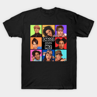 Black t-shirt featuring colorful pop art design titled "Ladies of the Mic," showcasing vibrant artistic portraits.