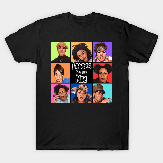 Black t-shirt featuring colorful pop art design titled "Ladies of the Mic," showcasing vibrant artistic portraits.