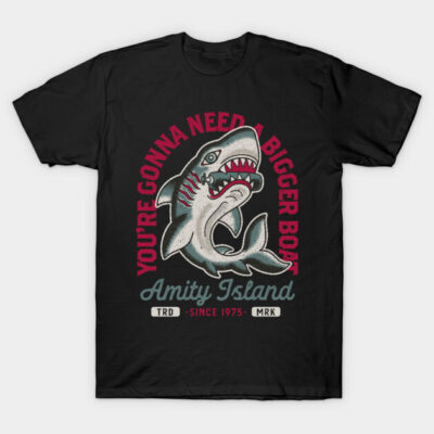 Black shark graphic t-shirt with "You're Gonna Need a Bigger Boat" text, casual style, cotton fabric.