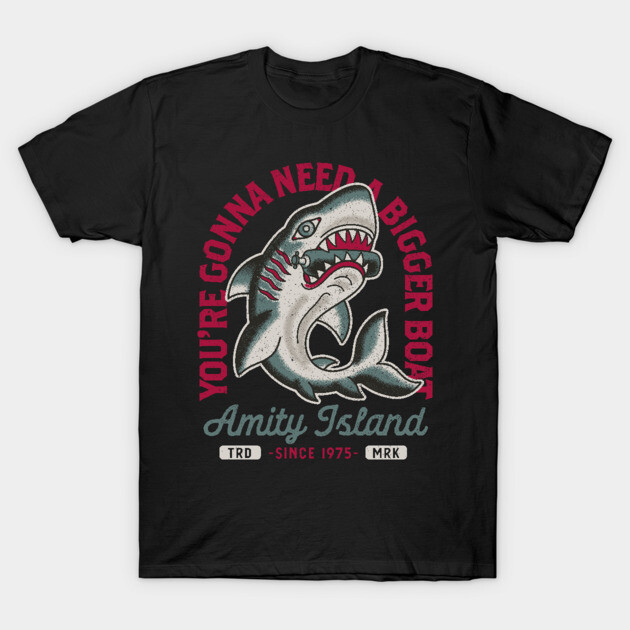 Black shark graphic t-shirt with "You're Gonna Need a Bigger Boat" text, casual style, cotton fabric.