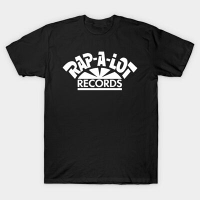 Black cotton T-shirt with white "Rap-A-Lot Records" logo, casual unisex style, ideal for music enthusiasts.