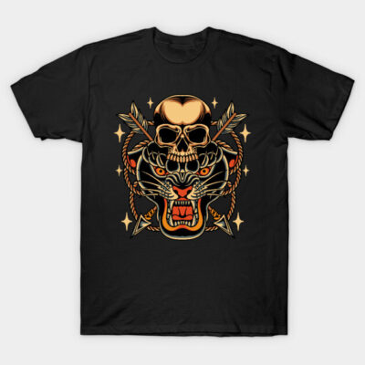 Black t-shirt with bold skull and tiger design, perfect for casual wear, made from 100% cotton for comfort and style.