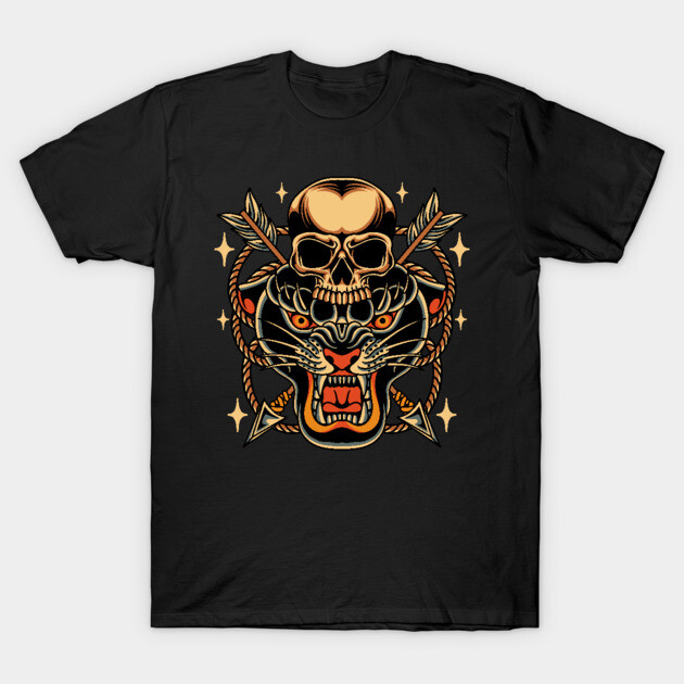 Black t-shirt with bold skull and tiger design, perfect for casual wear, made from 100% cotton for comfort and style.