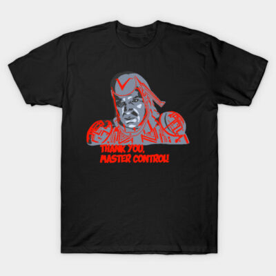 Black graphic tee with sci-fi themed red and gray print, "Thank You, Master Control," casual wear, cotton material.