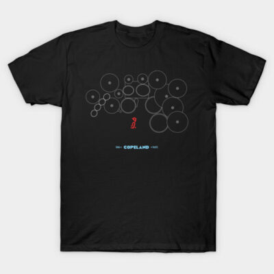 Black graphic t-shirt with abstract drum design, made of cotton, casual style for everyday wear.