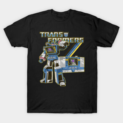 Black Transformers graphic T-shirt featuring a retro robot design, ideal for casual wear and fans of classic cartoons.