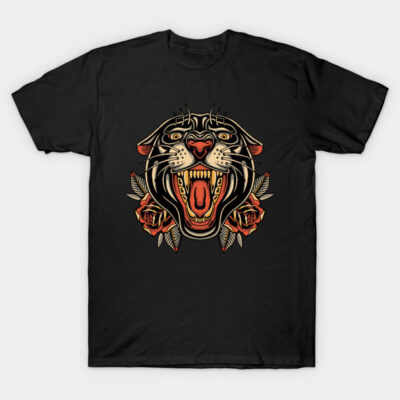 Black t-shirt featuring a fierce tiger and rose graphic design, ideal for casual wear, made from soft cotton material.