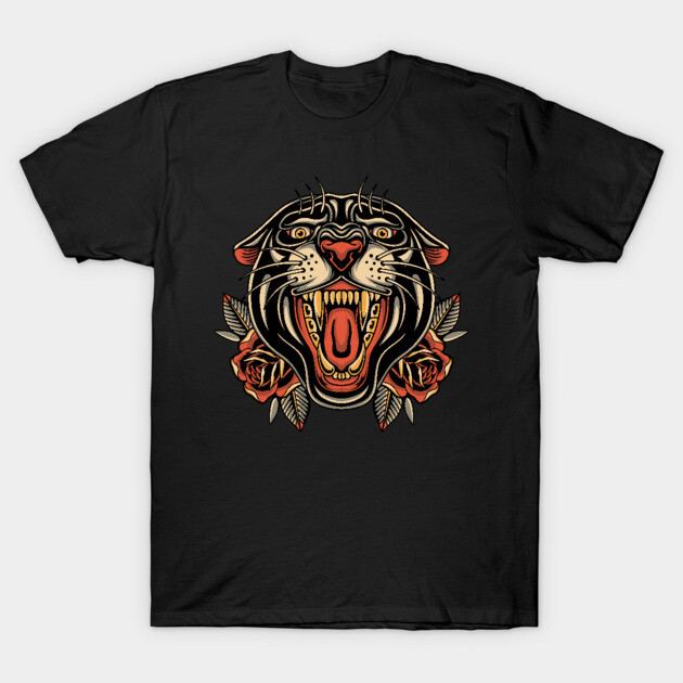Black t-shirt featuring a fierce tiger and rose graphic design, ideal for casual wear, made from soft cotton material.