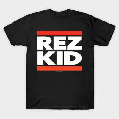 Black "Rez Kid" t-shirt with bold white text and red accents, casual style, perfect for everyday wear.