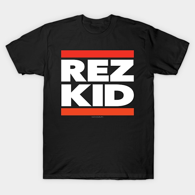 Black "Rez Kid" t-shirt with bold white text and red accents, casual style, perfect for everyday wear.