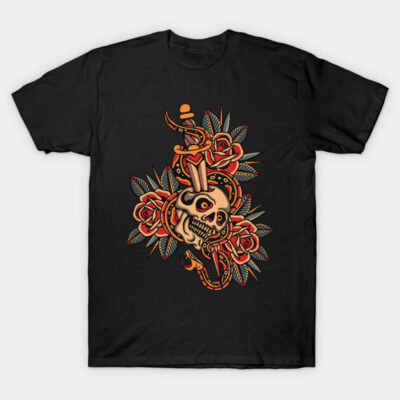 Black t-shirt with skull, dagger, and rose design, featuring vibrant red and orange colors. Perfect for casual wear.
