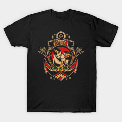 Black t-shirt with vintage anchor and bird tattoo design, perfect for casual wear and street style enthusiasts.