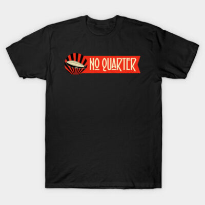 Black t-shirt with "No Quarter" red graphic design, casual style, ideal for everyday wear, made from soft cotton.