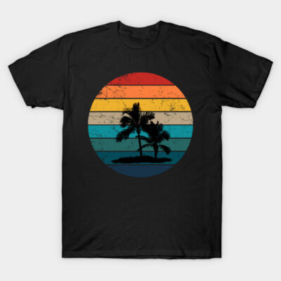 Black t-shirt with retro sunset and palm tree graphic, casual style, perfect for summer, cotton material.