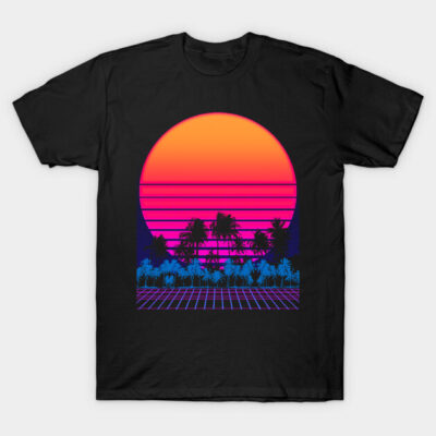 Black T-shirt with retro sunset and palm trees, vibrant neon colors, casual wear, soft cotton material.