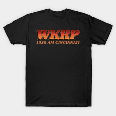 Black WKRP 1530 AM Cincinnati T-shirt, vintage style, short sleeve, cotton fabric, perfect for casual wear.
